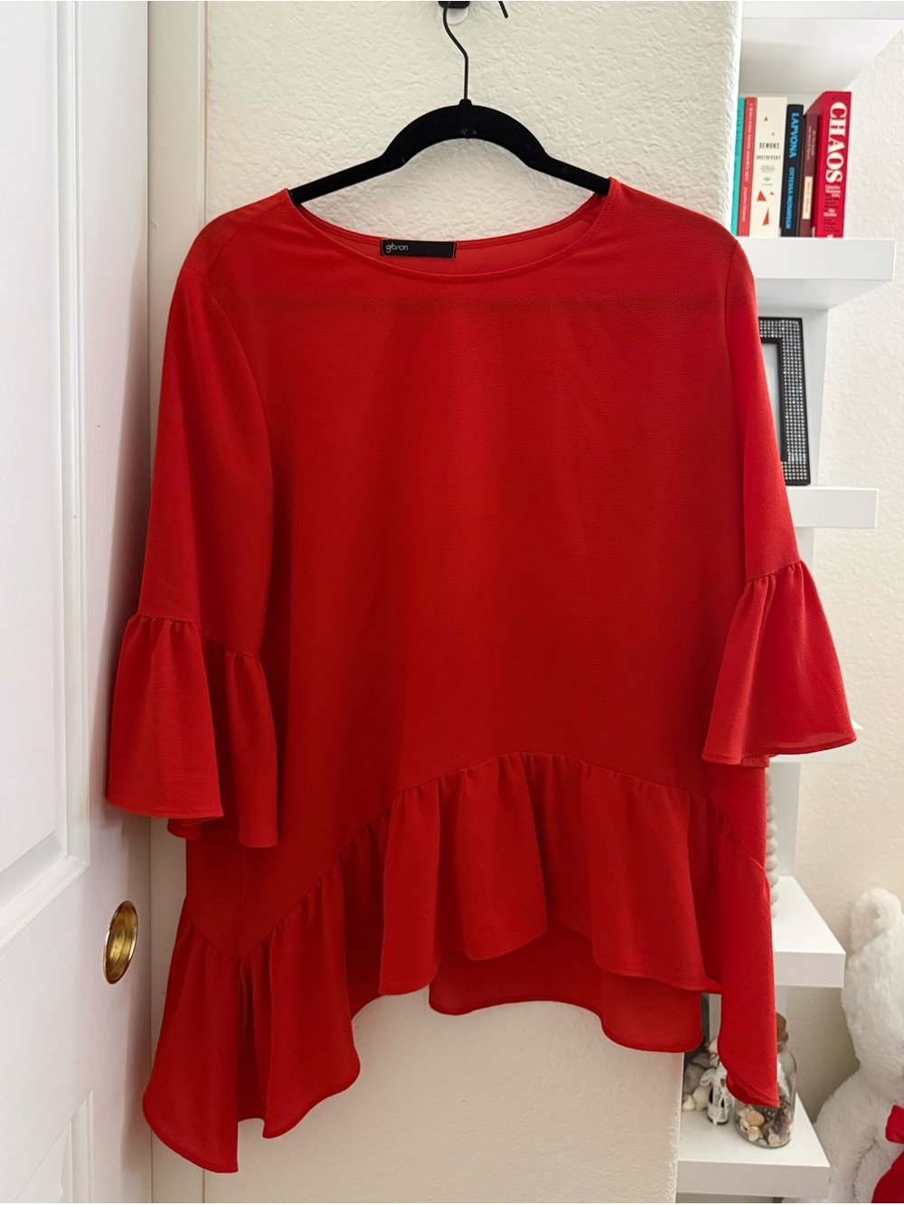 Gibson Bright Red Ruffle-Hem Blouse
